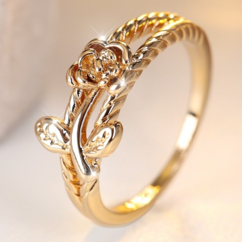 Golden Plated Rose Flower Band Ring, Twisted Floral Statement Ring